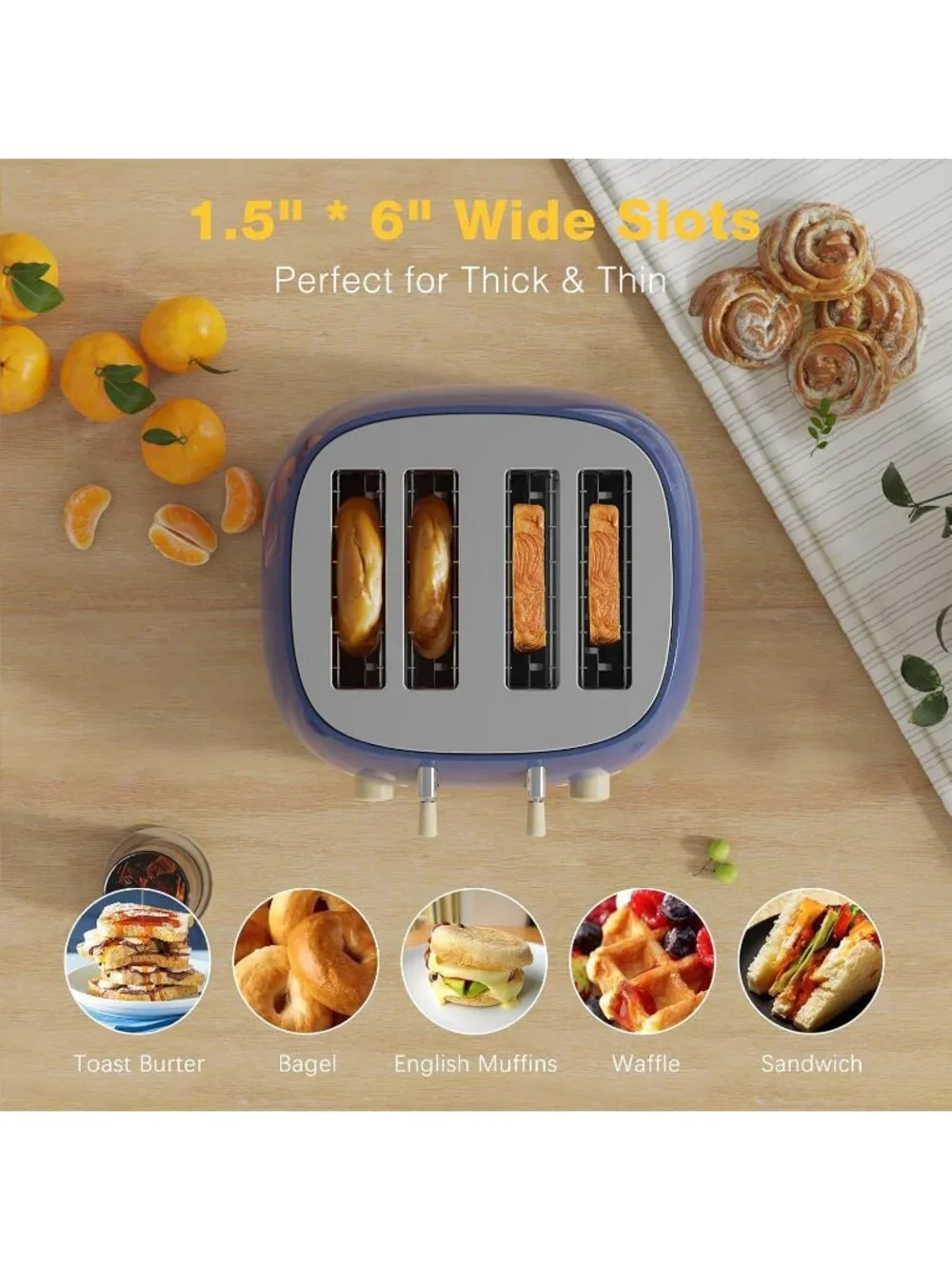 4 Slice Sapphire Blue Retro Stainless Steel Extra Wide Slots Cancel Toaster